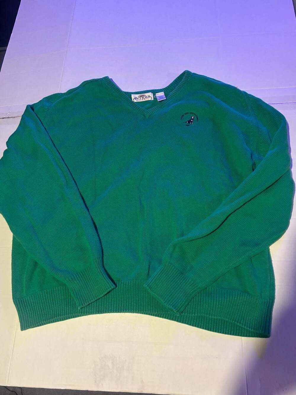 Vintage Antigua Sport V-Neck Cotton Sweater Size XXL Green Coon Dog Invitational